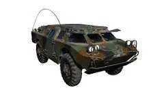 The BRDM: a four-wheeled armoured car in green camouflage