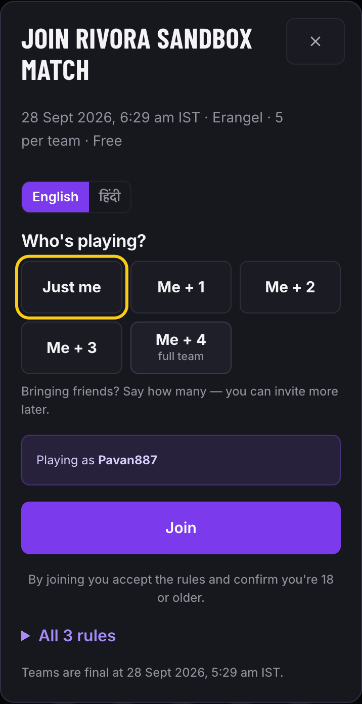 The join screen asking Who's playing?, with Just me outlined
