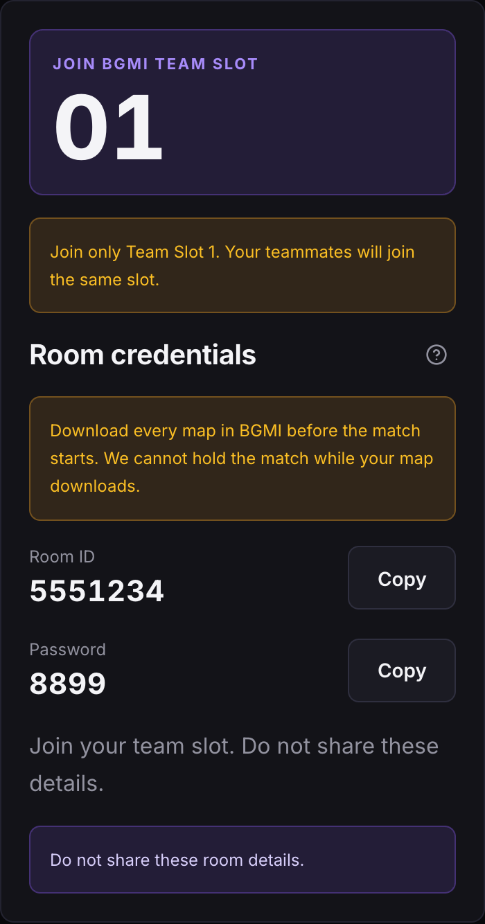 The room card: team slot 01 in large type, then the room ID and password with Copy buttons