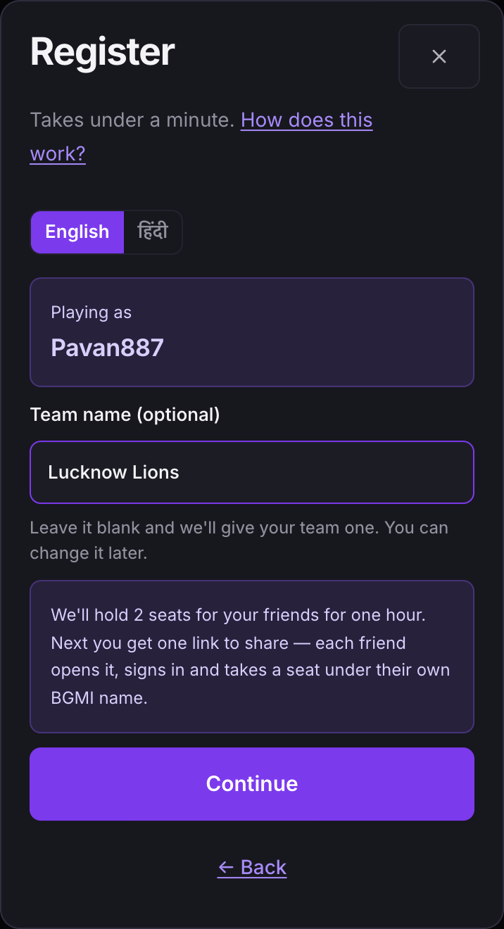 The register dialog after choosing two friends: a team name field and a note that two seats will be held