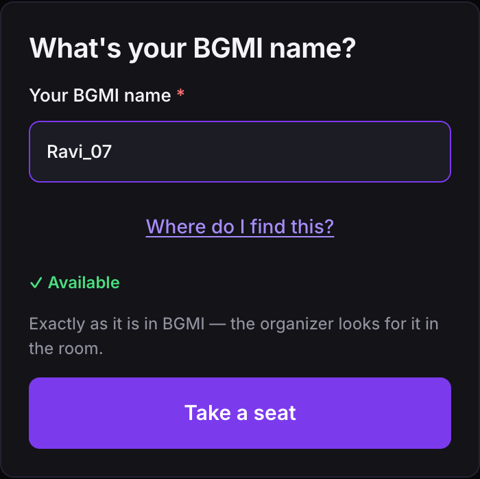The invite page asking for your BGMI name, with one Take a seat button