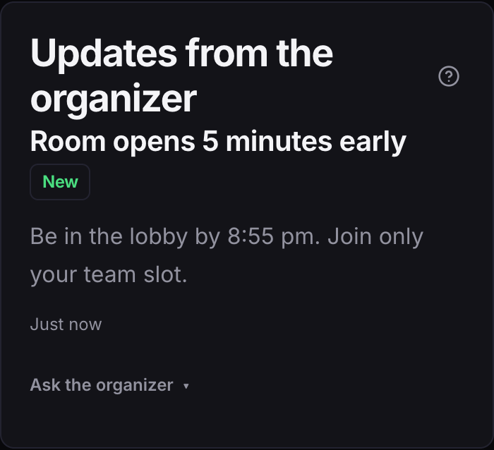 Updates from the organizer on a match page, with a new update and Ask the organizer under it